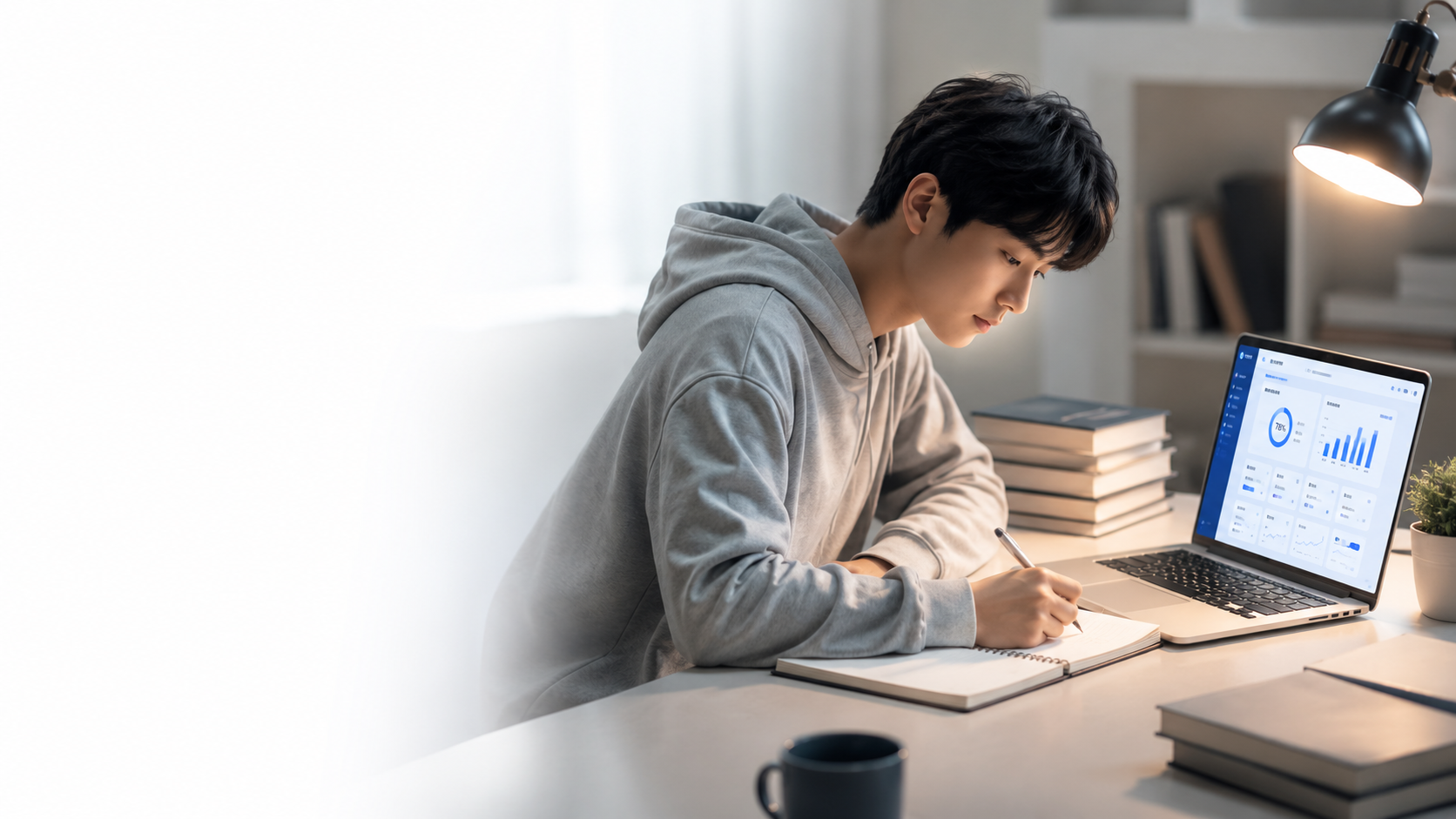 노트북을 보며 공부하는 학생